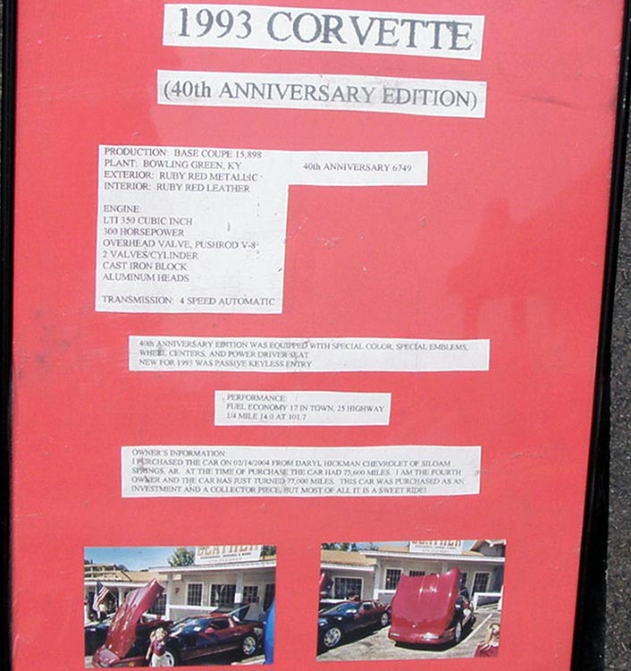 93 Corvette Coupe Data Board